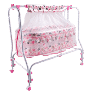 Baby Swing Cradle with Mosquito Net & Lockable Wheels – Foldable Hanging Baby Crib (Pink)