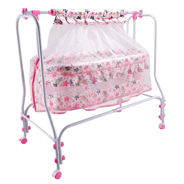 Baby Swing Cradle with Mosquito Net & Lockable Wheels – Foldable Hanging Baby Crib (Pink)