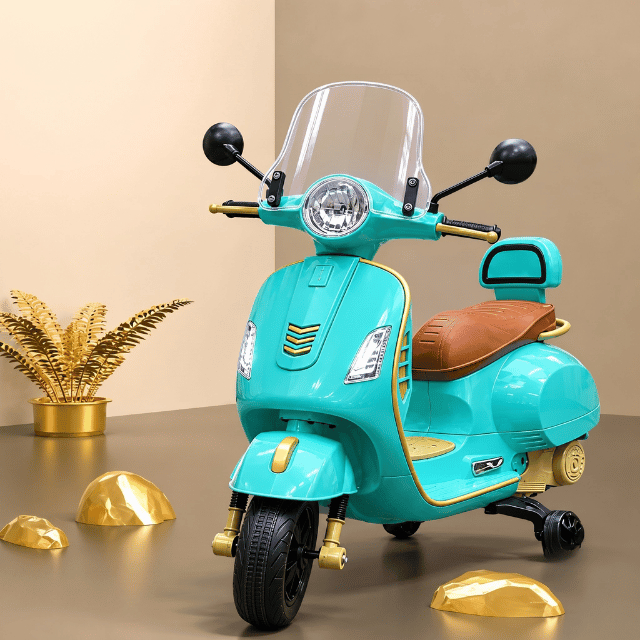 Vintage Style Kids Electric Ride-On Scooter with LED Lights & Training Wheels (Turquoise Blue)