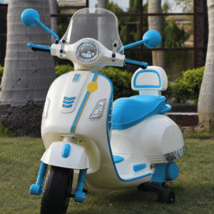 Classic Kids Electric Ride-On Scooter with LED Headlight & Training Wheels (White & Blue)