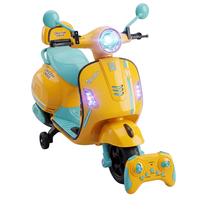 Unicom Drive Kids Electric Ride-On Scooter with Remote Control, LED Lights & Training Wheels (Yellow)