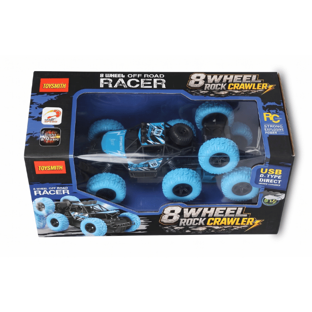Toysmith 8 Wheel Rock Crawler RC Off-Road Racer – USB Type-C Rechargeable Remote Control Car (Blue)