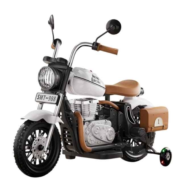 Retro Electric Kids Ride-On Motorcycle with LED Headlight & Training Wheels (White & Brown)